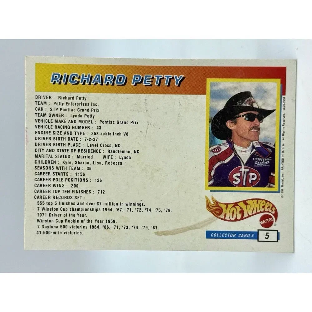 1992 Mattel Hot‎ Wheels Chrome Richard Petty Collector Card Number 5 See Notes